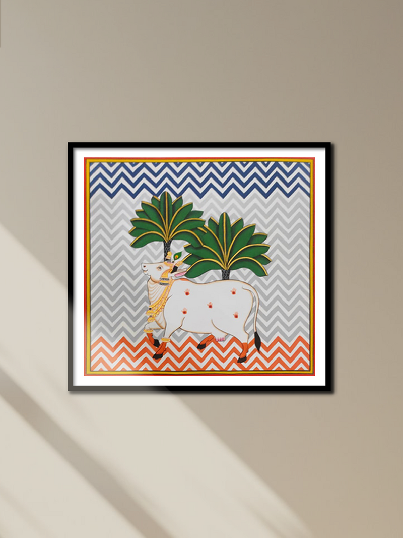 Kamdhenu and the Palm tree: Pichwai Painting by Dinesh Soni