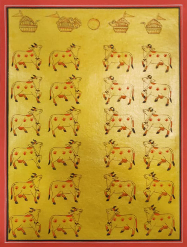 Kamdhenu in Gold: Pichwai art by Dinesh Soni