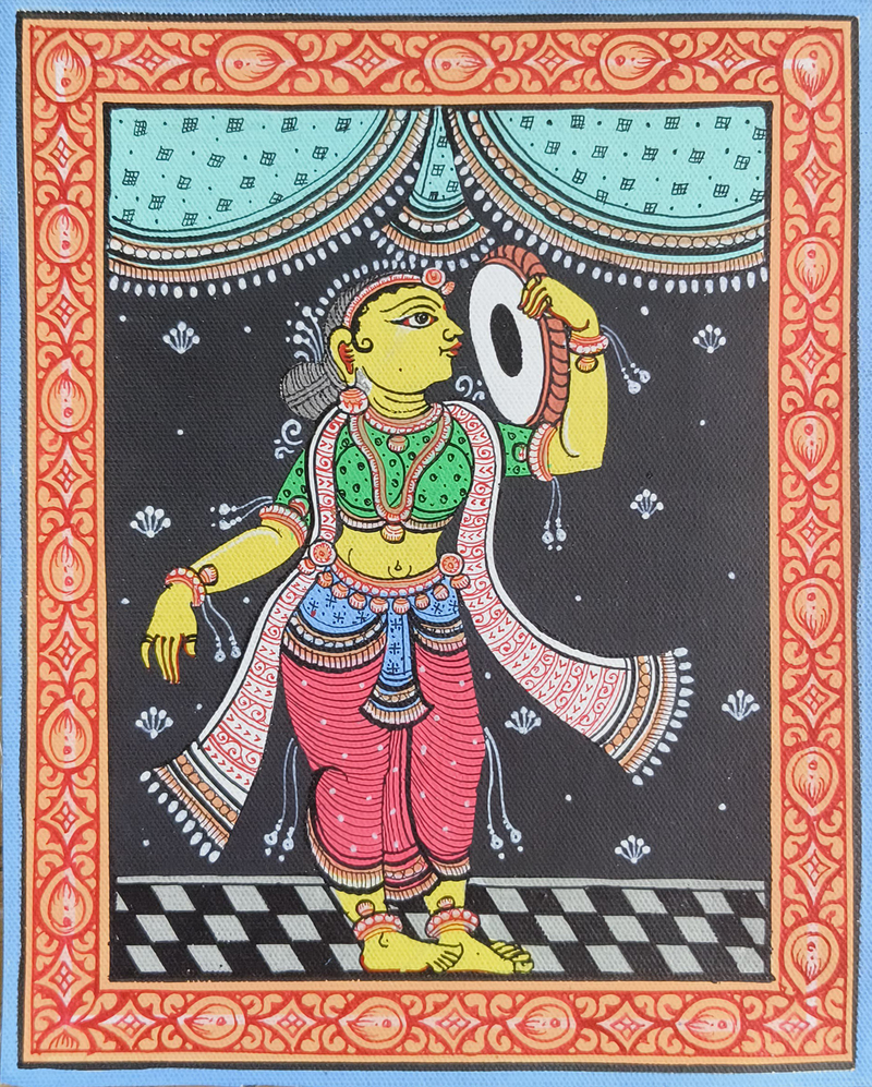 Buy Woman playing drum in Pattachitra by Apindra Swain