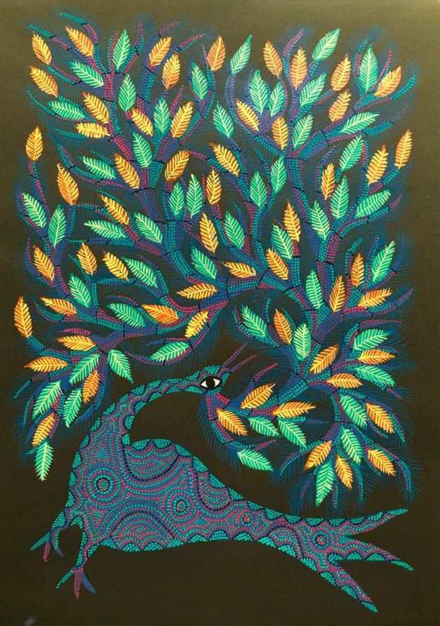 Buy Peacock amidst a Woodland Bhil Painting by Geeta Bariya