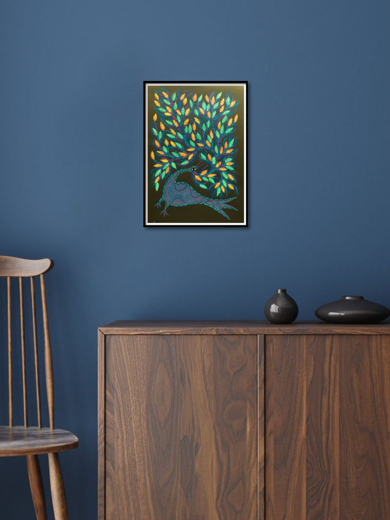 Peacock amidst a Woodland Bhil Painting by Geeta Bariya