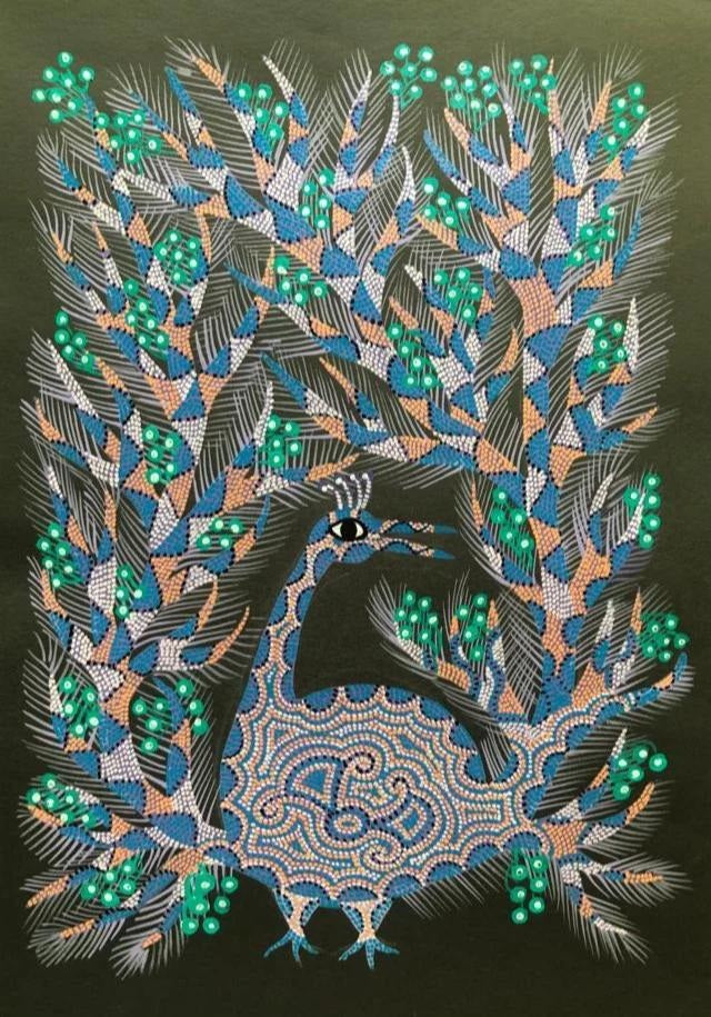 Buy Peacock in Greens Bhil Painting by Geeta Bariya