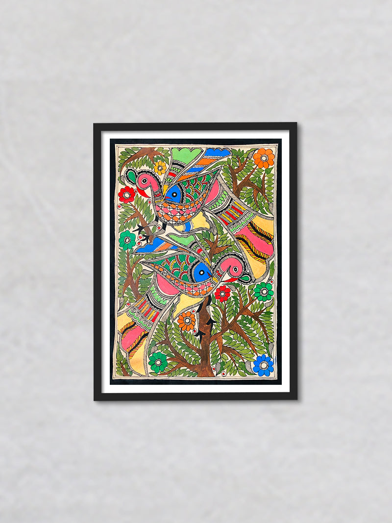 Peacocks on a Tree, Madhubani Painting by Ambika Devi