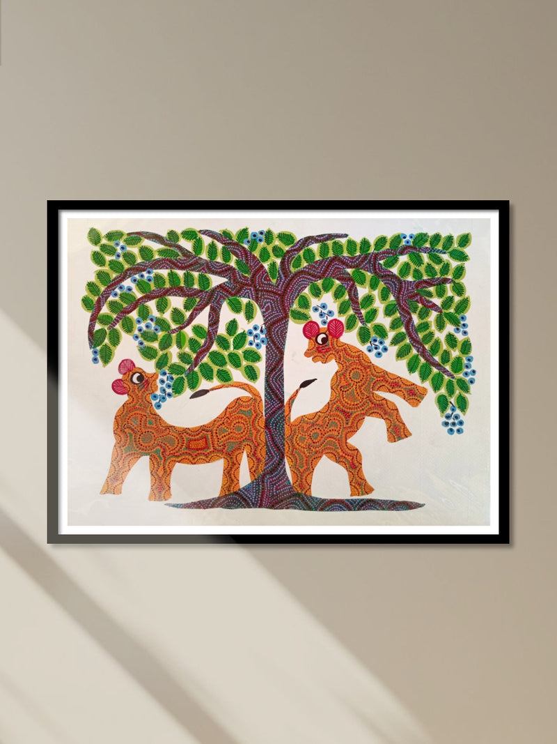 Shop Playful Tigers under a Tree of Life in Bhil Painting by Geeta Bariya