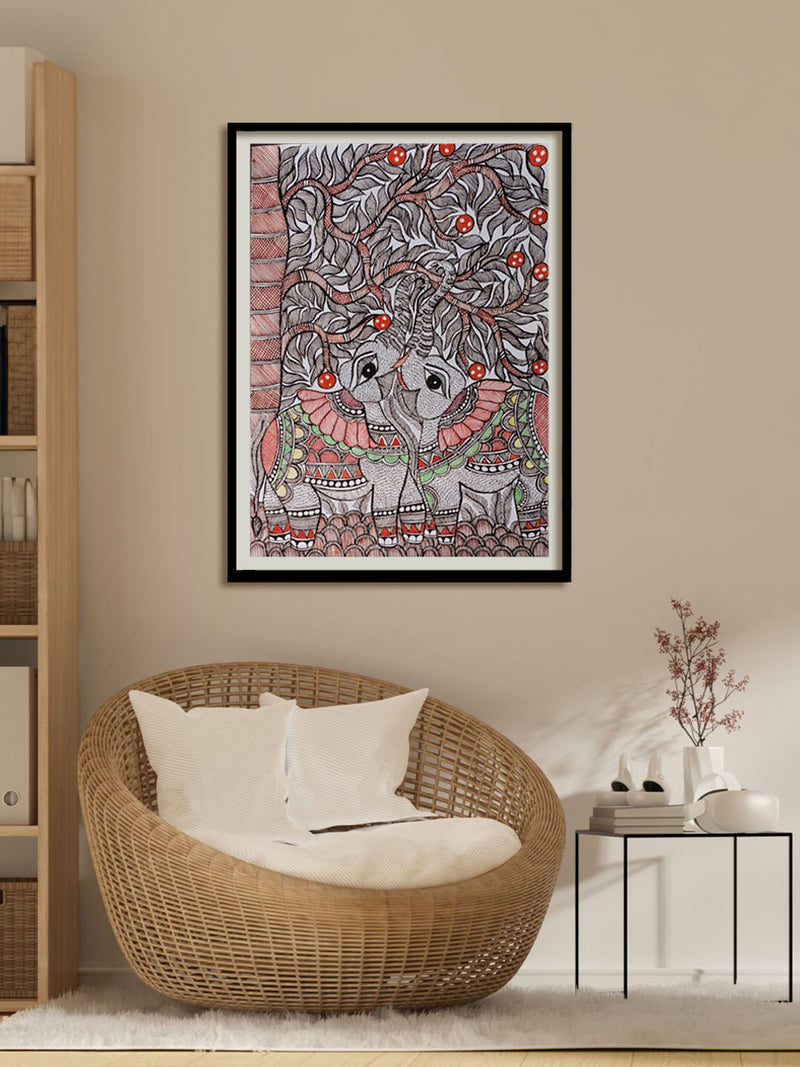 Portrayal of elephants under a tree: Madhubani by Vibhuti Nath for Sale