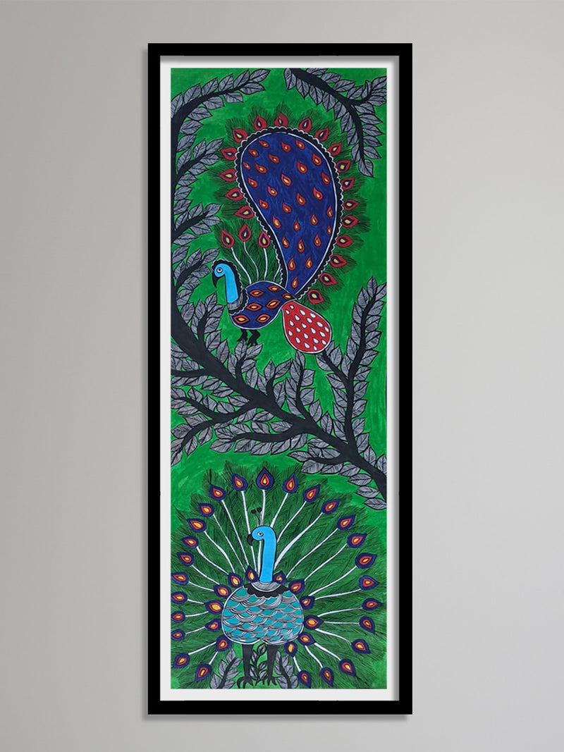 Buy Portrayal of peacocks with green background: Madhubani by Vibhuti Nath