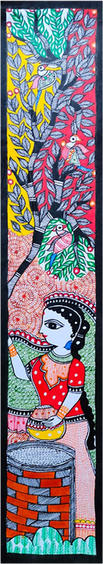 Portrayal of woman standing near a well: Madhubani by Vibhuti Nath