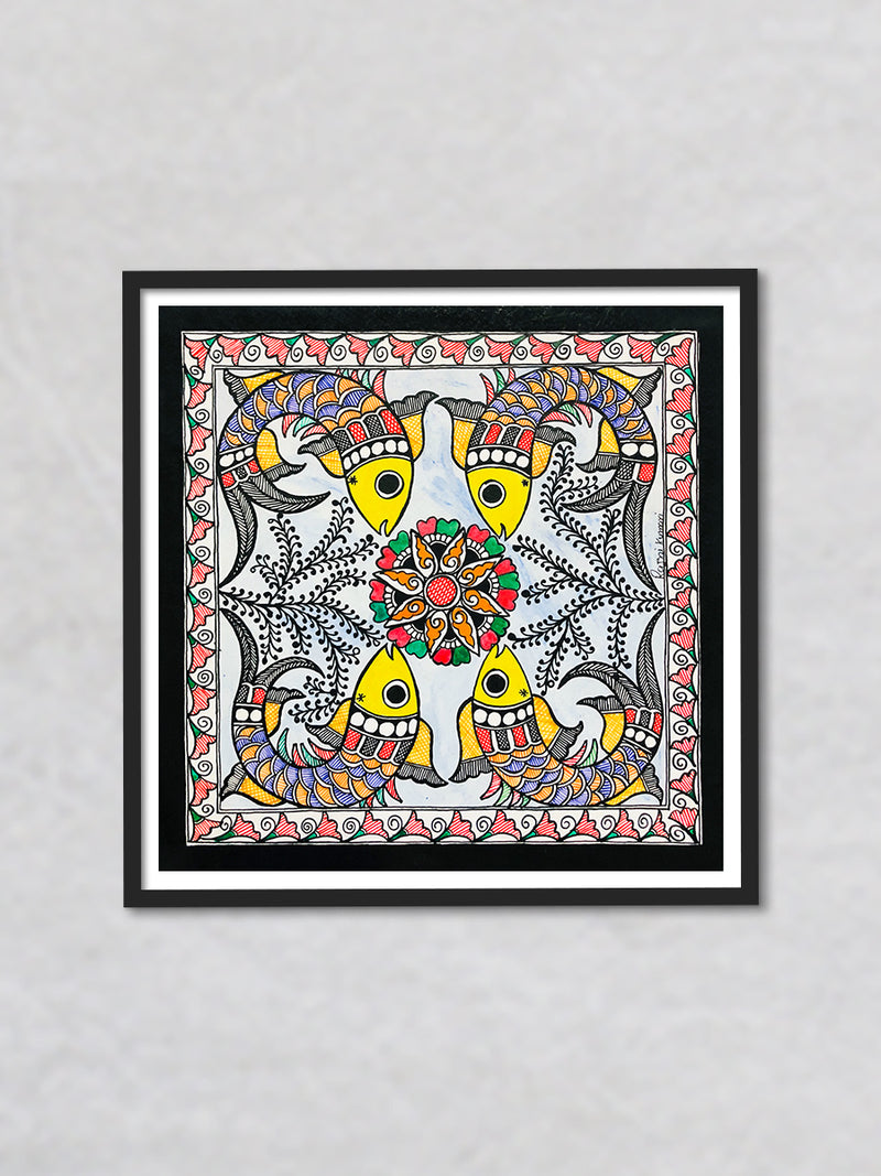 Quadrat symphony - Vibrant Tapestry, Madhubani Painting by Ambika Devi