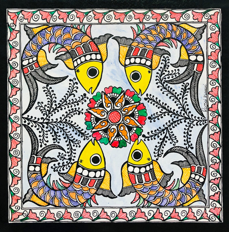 Buy Quadrat symphony - Vibrant Tapestry, Madhubani Painting by Ambika Devi