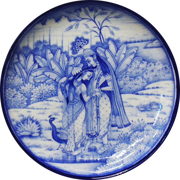 Radha Krishna illustration In Blue Pottery Plates by Shilp Guru Gopal Saini