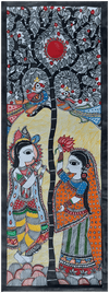 Radha-Krishna scene in Madhubani by Vibhuti Nath for Sale