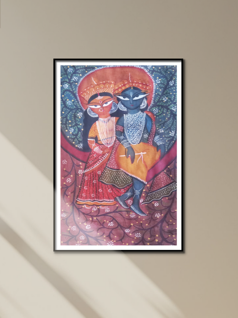 Radha-Krishna seated on a branch: Kalighat by Uttam Chitrakar