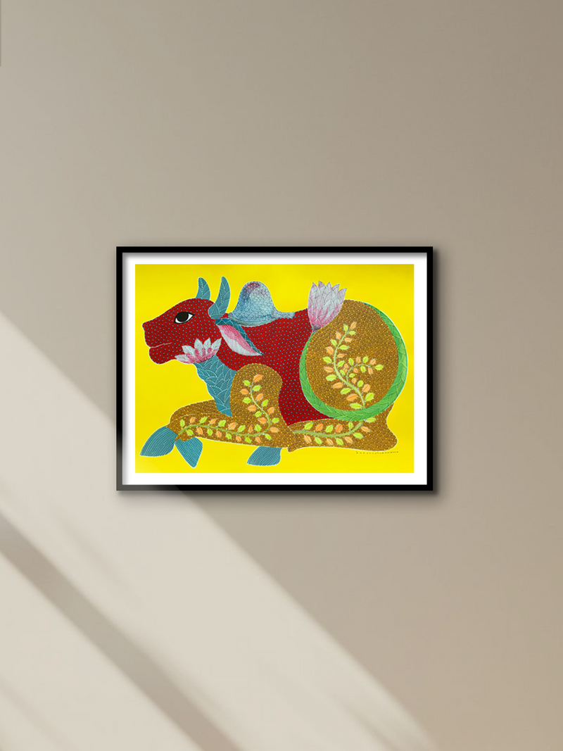 Radiant Tapestry of Nandi:Gond Painting by Venkat Shyam for sale