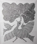 Representation of tree and birds in Gond by Kailash Pradhan