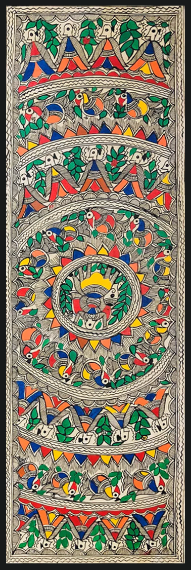 Sacred Symmetry: A Vibrant Madhubani Tapestry by Ambika Devi