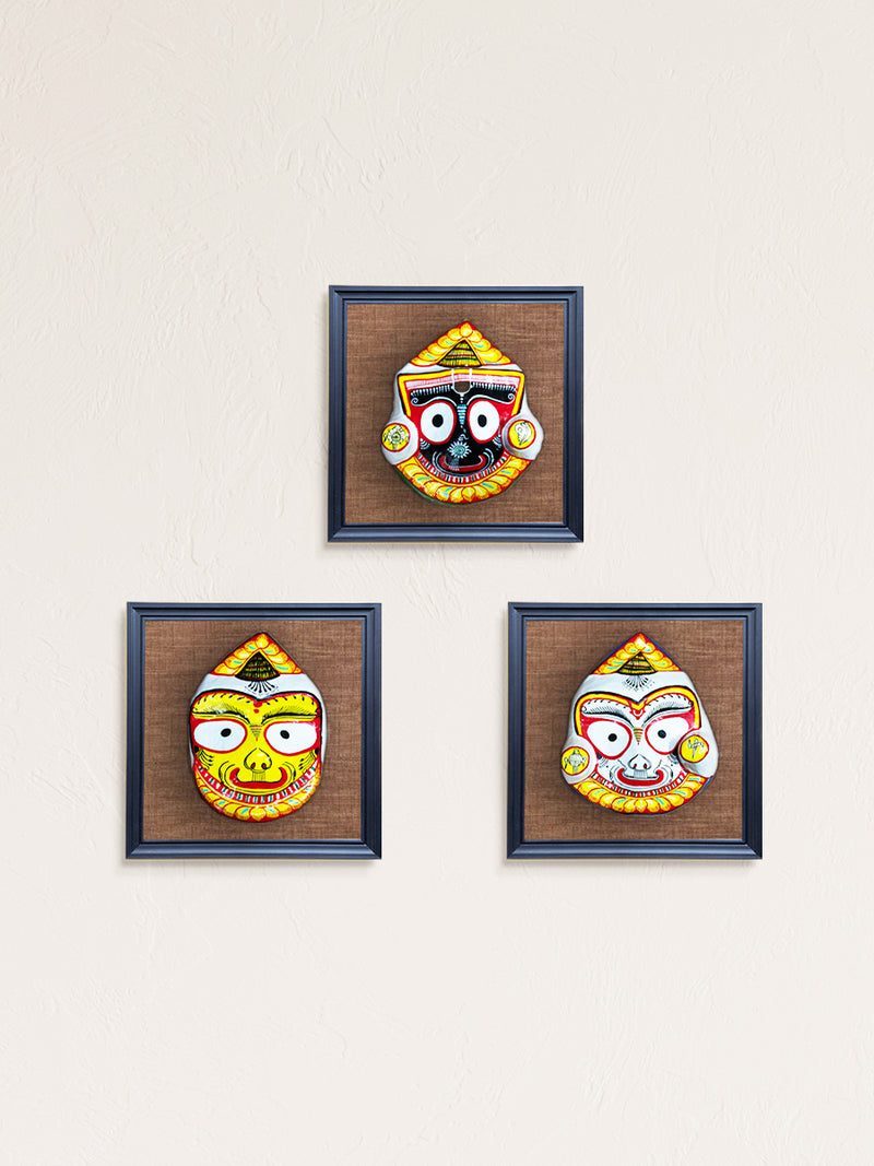 Sacred Trio: Jagannath, Balabhadra, and Subhadra's Faces Paper Mache by Keshab Maharana for sale