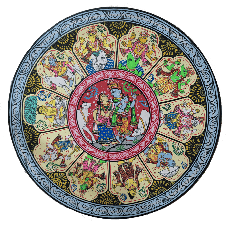 The Mystical Multi-Color Dus Avatara Krishna and Radha-Krishna Pattachitra