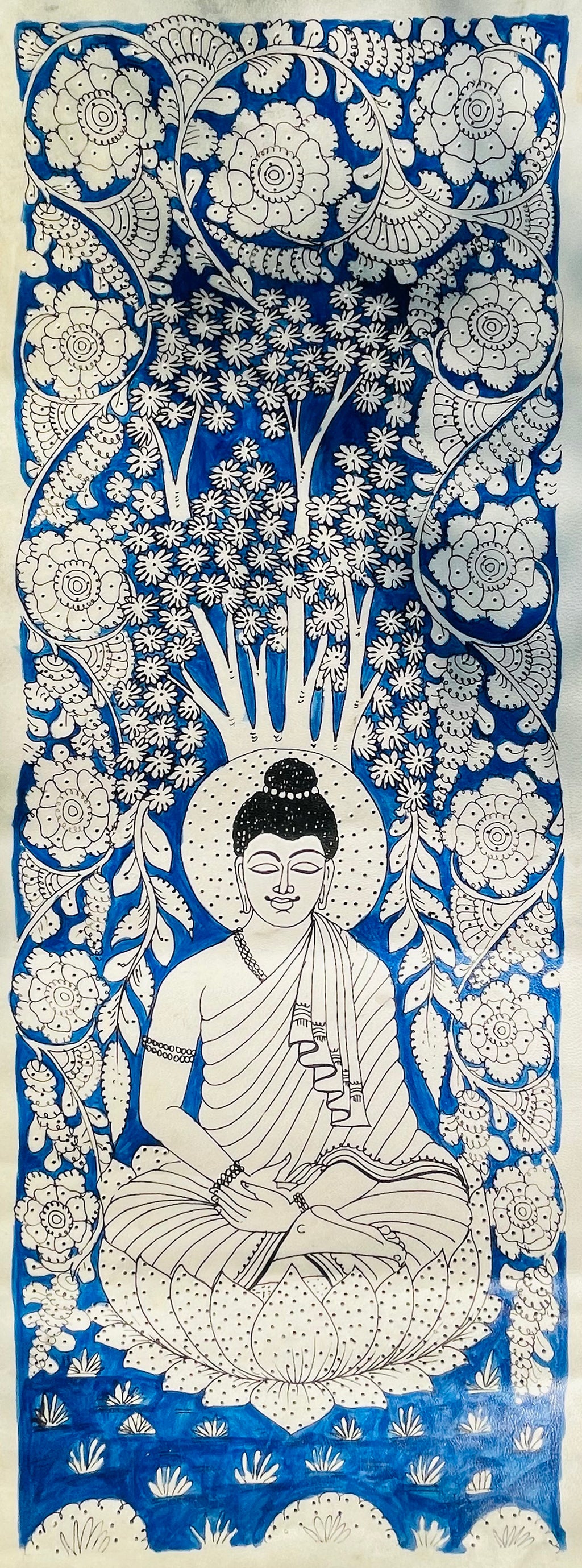 Purchase Serenity Embodied: Blue and White Spiritual Buddha Meditating Under Bodhi Tree Tholu Bommalata Painting.