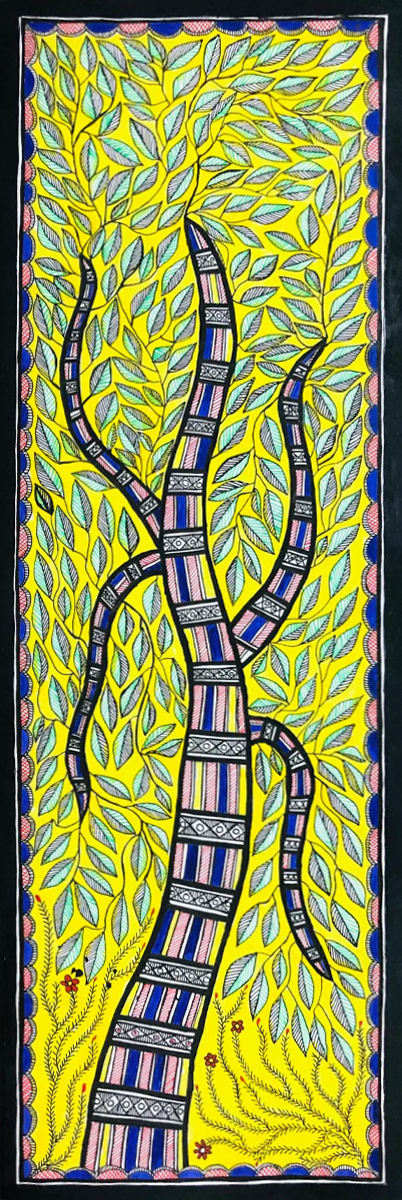 Shades of Serenity: The Tree of Life Unveiled Madhubani Painting by Ambika Devi