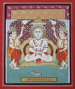 Shree Sambhavnath Ji with Lanchan Horse: Pichwai by Shehzaad Ali Sherani for Sale