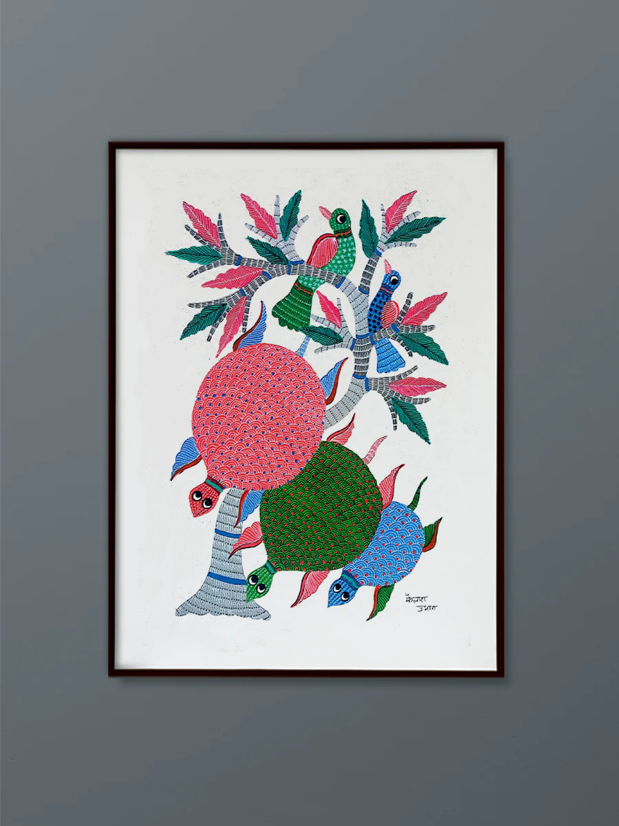 Surreal Symphony: Harmony in Flight Gond Painting by Kailash Pradhan For Sale 