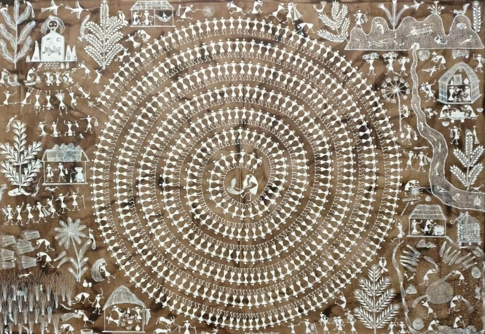 Tarpa Dance and village: Warli Painting by Anil Wangad