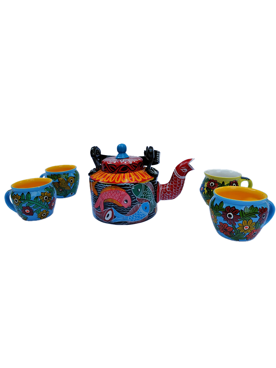 Tea Pot and Cups/Bengal Pattachitra/west bengak/Fish and Floral