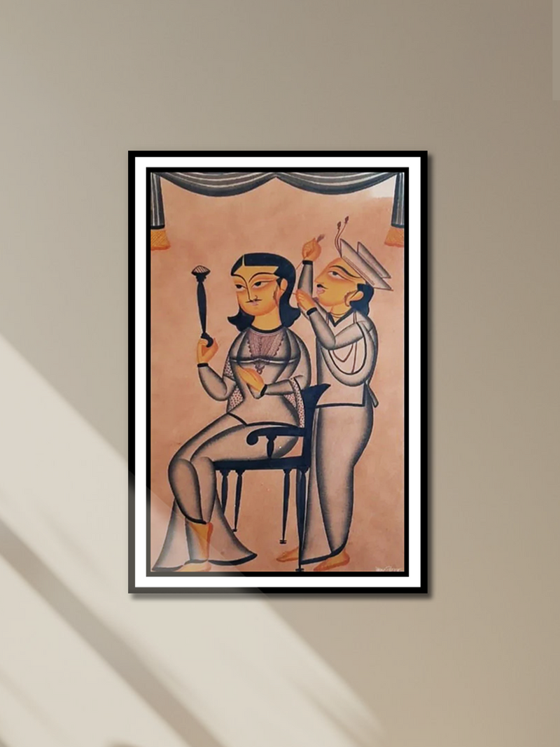 The Barber's Artistry: A Kalighat Painting by Uttam Chitrakar