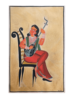 The Woman in Red Saree: Kalighat painting by Uttam Chitrakar for Sale