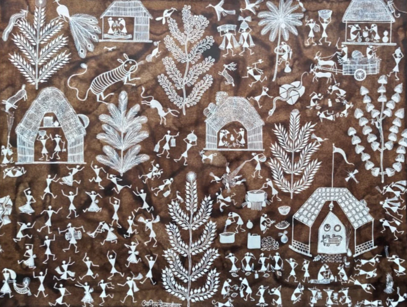 Tiger God Puja: Warli Painting by Anil Wangad