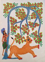 Buy Tiger, Man, and the Tree in Bhil Painting by Geeta Bariya