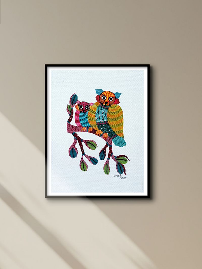 Two Owls in Gond art by Kailash Pradhan for sale