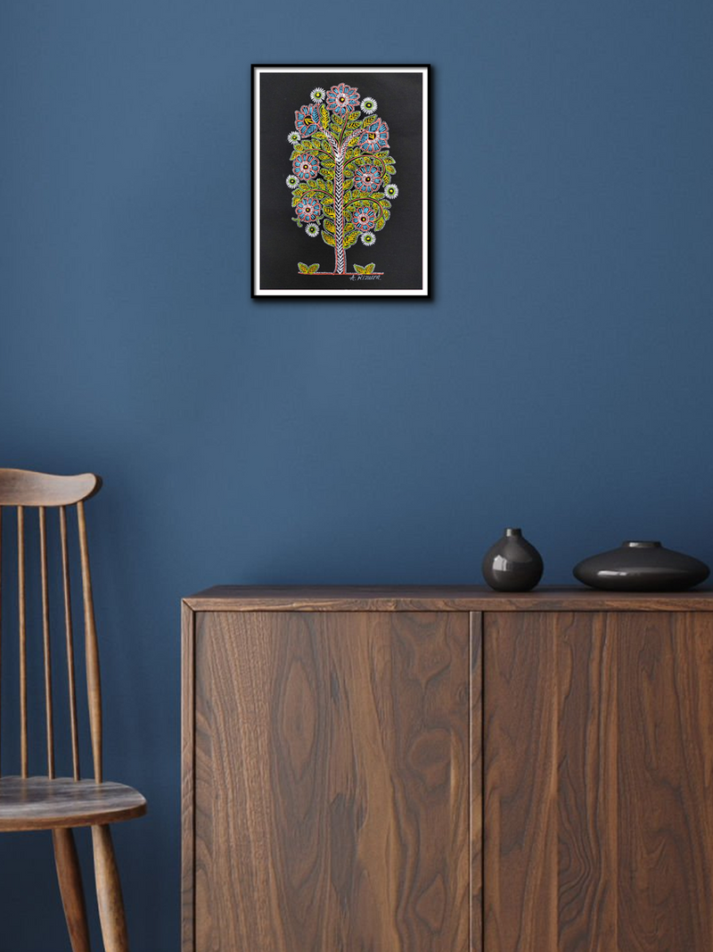 Vibrant Tapestry: Tree in Rogan art  by Rizwan Khatri for sale