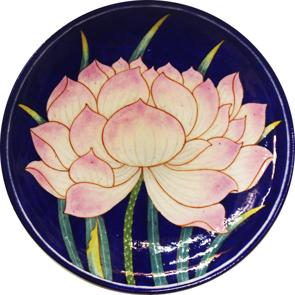 buy White Pink Lotus In Blue Pottery Plate by Shilp Guru Gopal Saini