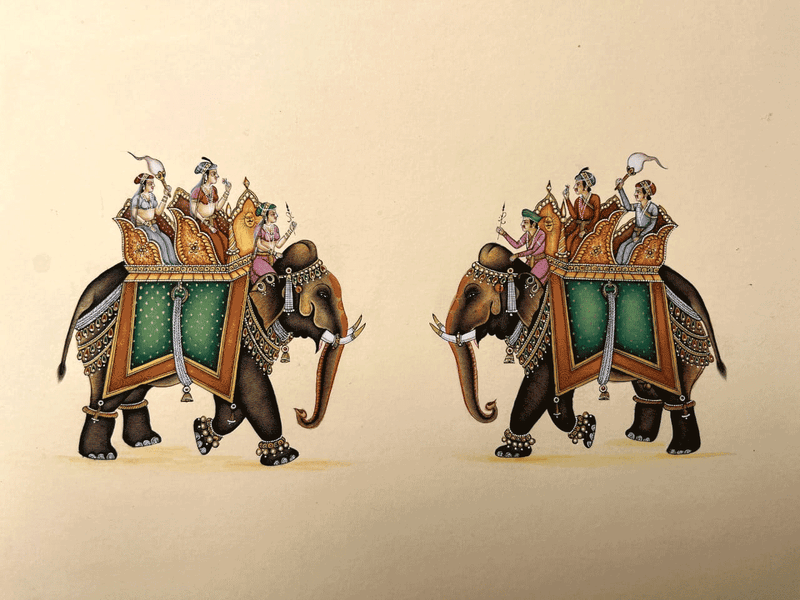 Buy King and Queen on their royal elephants in Mughal miniature by Mohan Prajapati