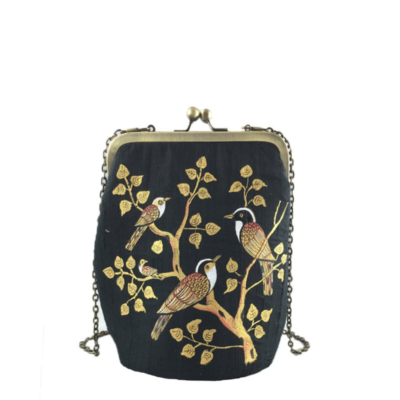 BIRDS OF A FEATHER, BLACK SILK CLUTCH-