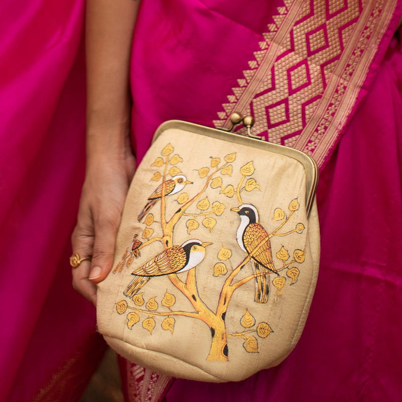 BIRDS OF A FEATHER, GOLD SILK CLUTCH-