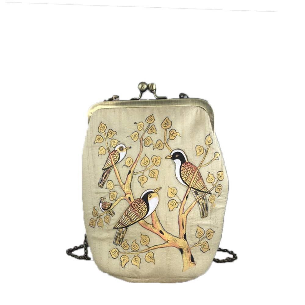 BIRDS OF A FEATHER, GOLD SILK CLUTCH-