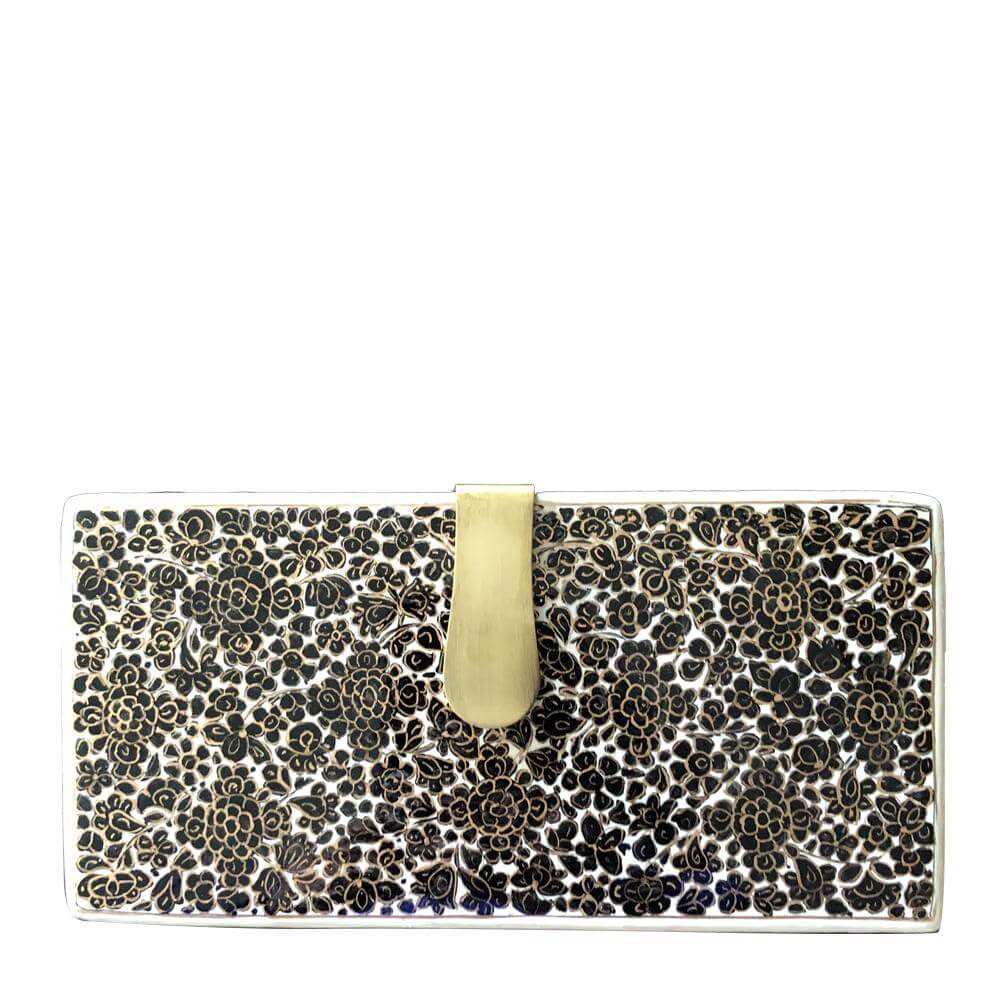 BLACK AND GOLDEN FLOWERS -RECTANGLE WOOD CLUTCH-