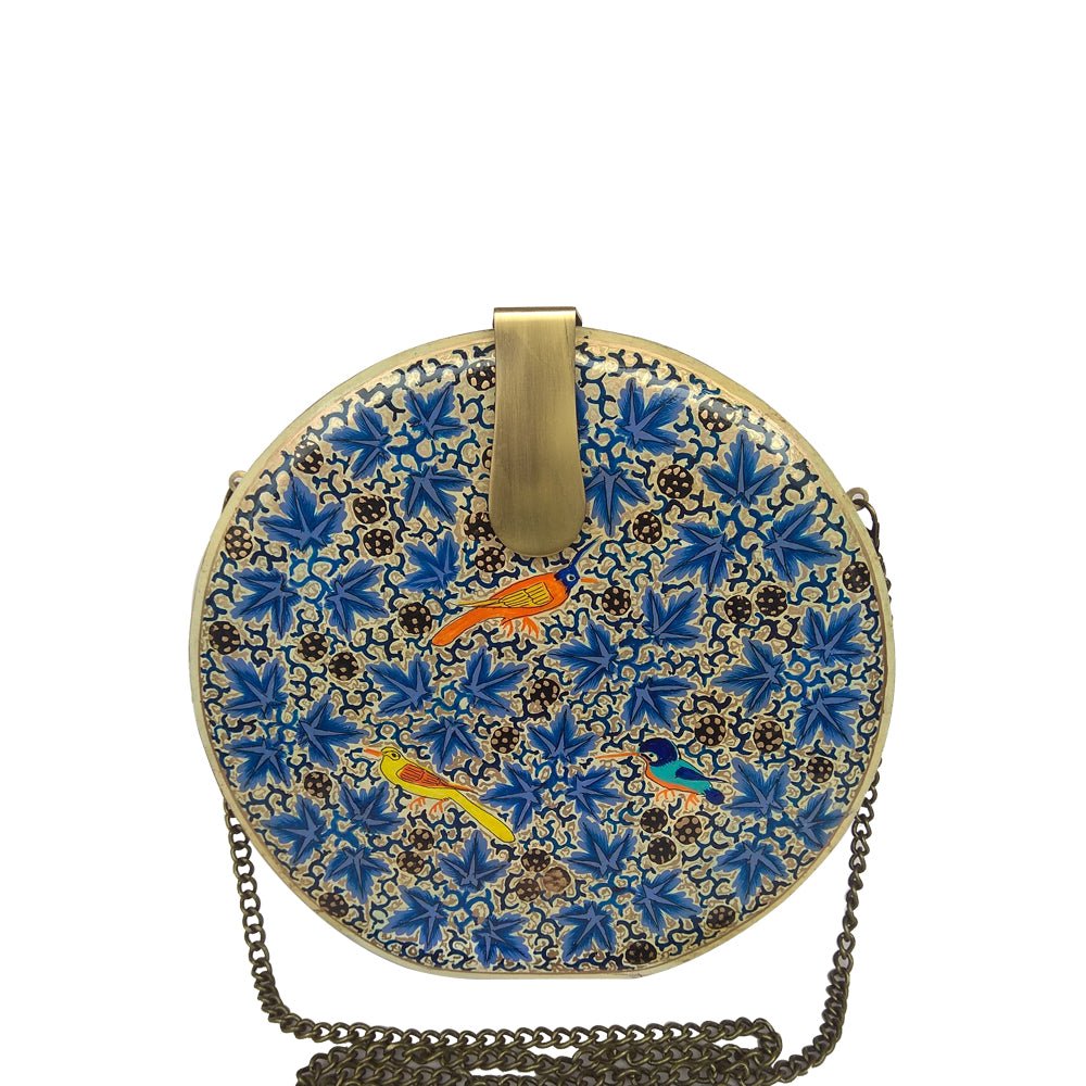  Round Blue Chinar Wood Clutch Bag