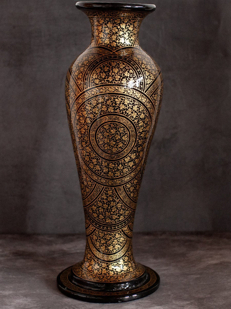 Black and Gold Handcrafted Paper Mache Vase by Riyaz