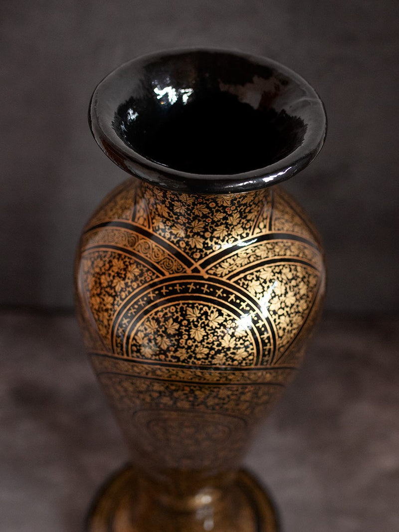 Black and Gold Handcrafted Paper Mache Vase by Riyaz