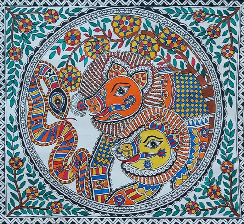 Boars and Serpent: Madhubani painting by Priti Karn