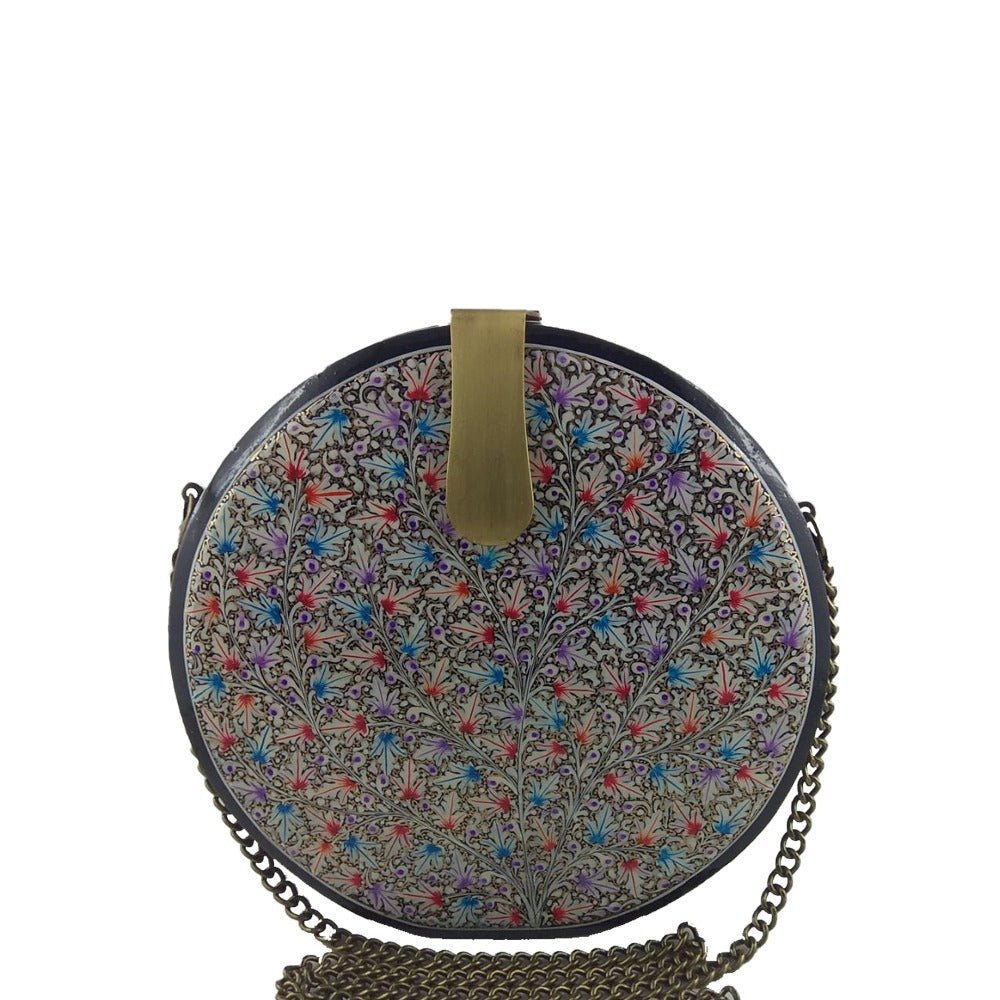 Chinar Leaves, Round Wood Clutch-