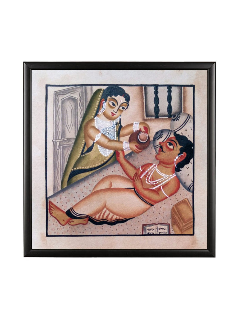 Daily Devotion of couple: Kalighat Art by Bapi Chitrakar