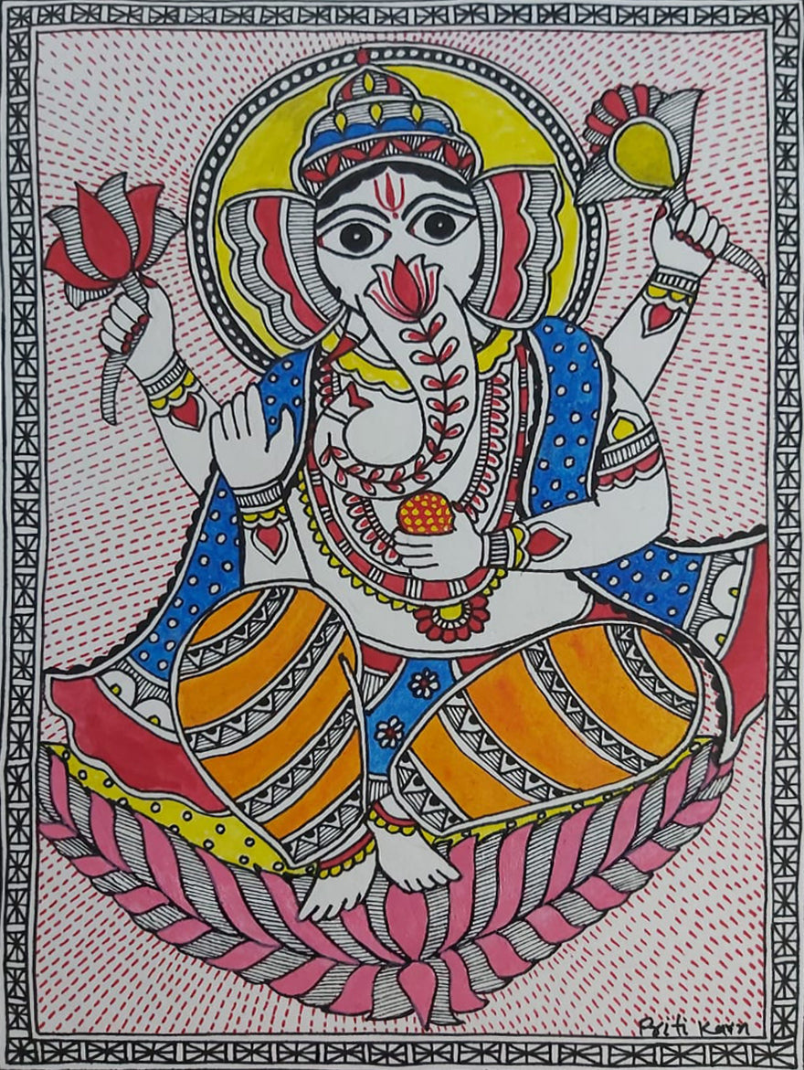 Divine Grace of Lord Ganesh: Madhubani Painting by Priti Karn