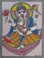 Divine Grace of Lord Ganesh: Madhubani Painting by Priti Karn