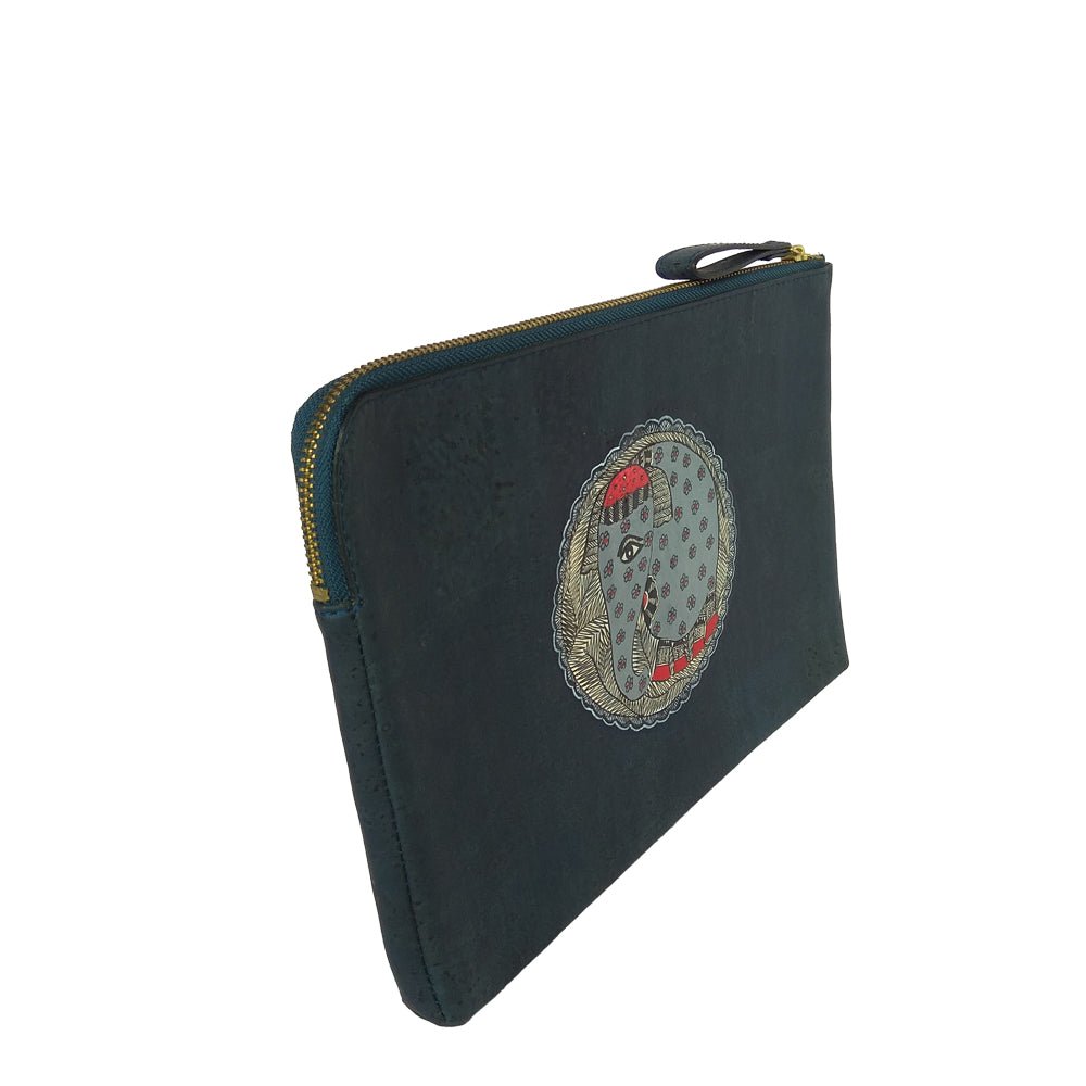 ELEPHANT, HANDPAINTED VEGAN CORK IPAD/TABLET SLEEVE IN NAVY BLUE-