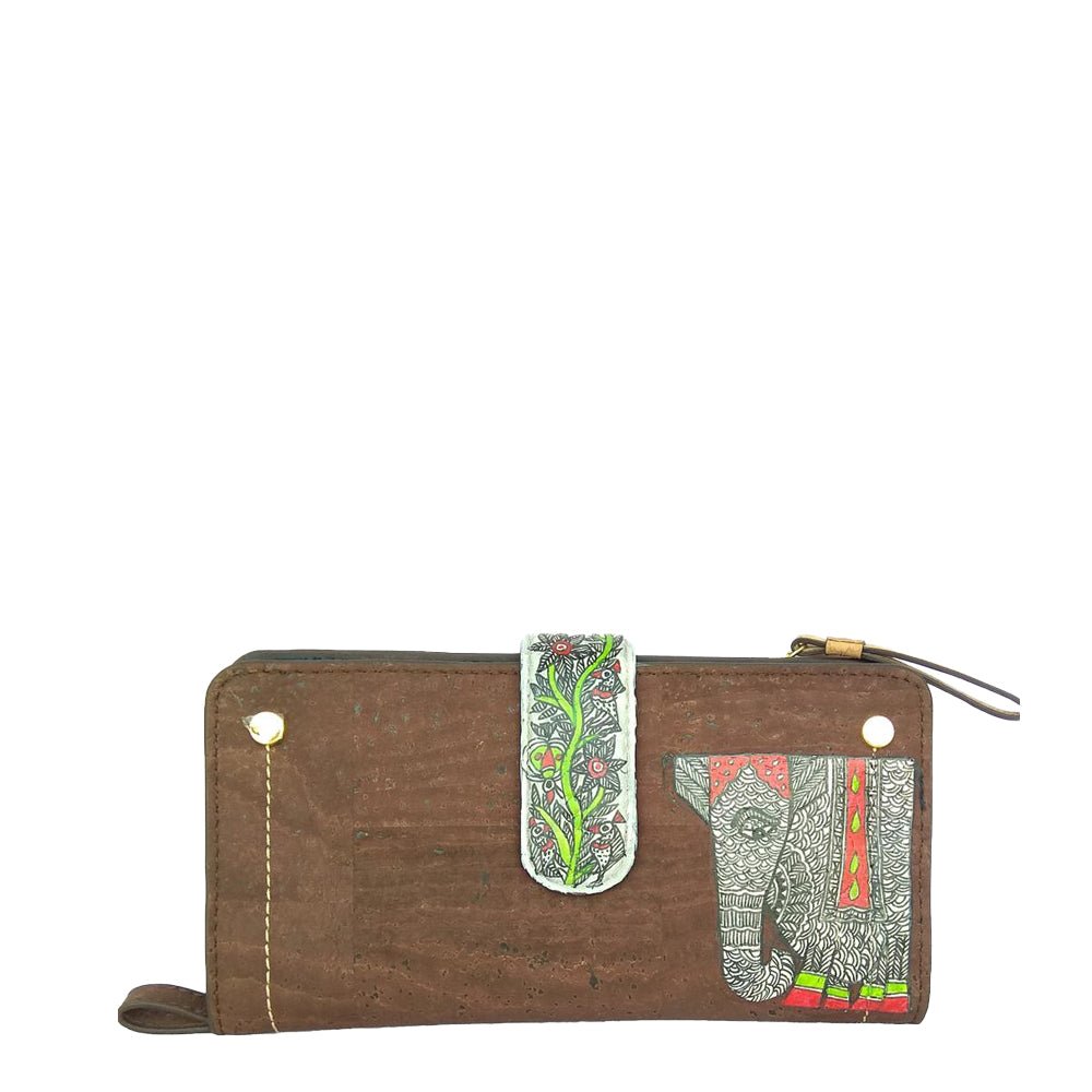 ELEPHANTS, VEGAN CORK HANDPAINTED BROWN WALLET-