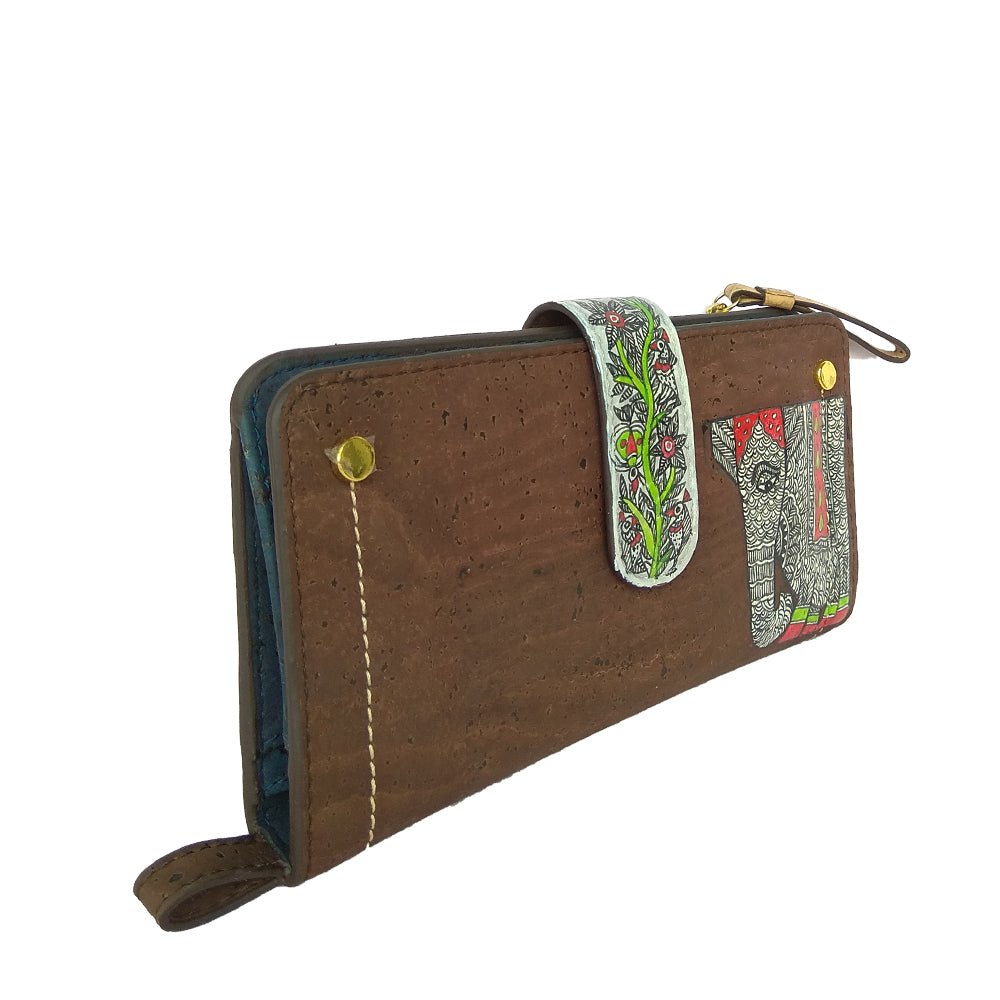 ELEPHANTS, VEGAN CORK HANDPAINTED BROWN WALLET-